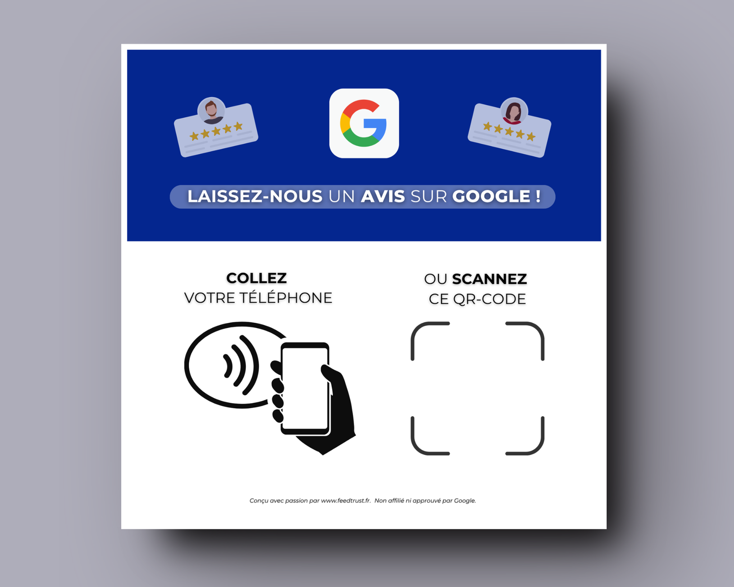 Design détaillé de la plaque FeedTrust incluant QR code et puce NFC pour récolter des avis Google.