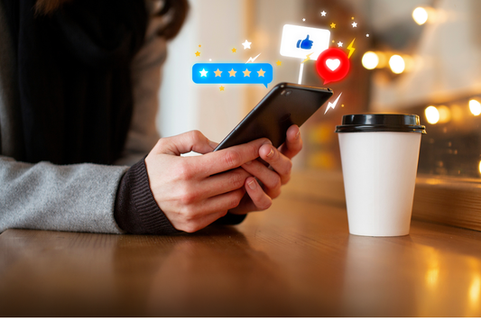 Client rédigeant un avis google dans un café grâce à une plaque NFC FeedTrust